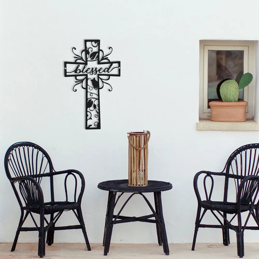 Blessed Metal Cross Wall Art - Home Decor, Love Theme, Ideal for Home, Office, Kitchen - Outdoor Wall Decor for Valentine'S Day