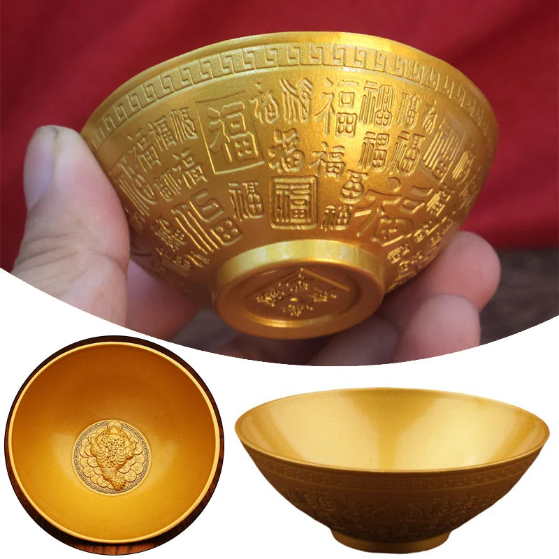 Blessing Bowl Golden Spiritual Decorative Fu Bowl Ornament Wealth Attracting Bowl Collection Bring Good Luck Desktop Decoration