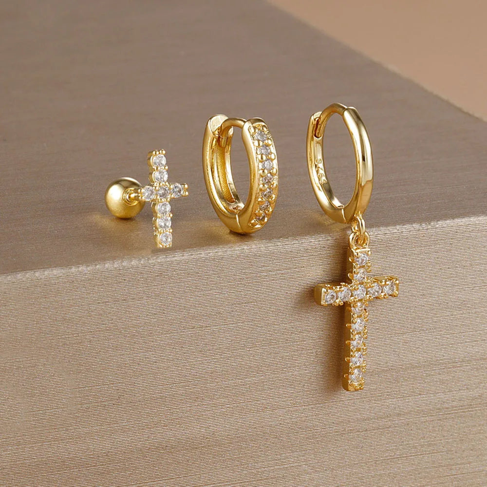 3PCS Zircon Cross Hoop Earrings Set For Women Girls 2025 Trendy Stainless Steel Cross Earring Wedding Aesthetic Jewelry aretes