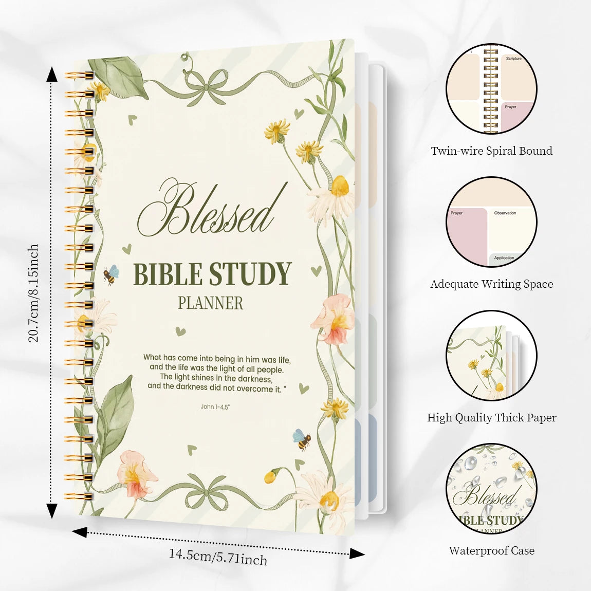 A5 Blessed Bible Study Planner, SOAP Method Christian Journal, Spiral Bound Scripture Prayer Notebook
