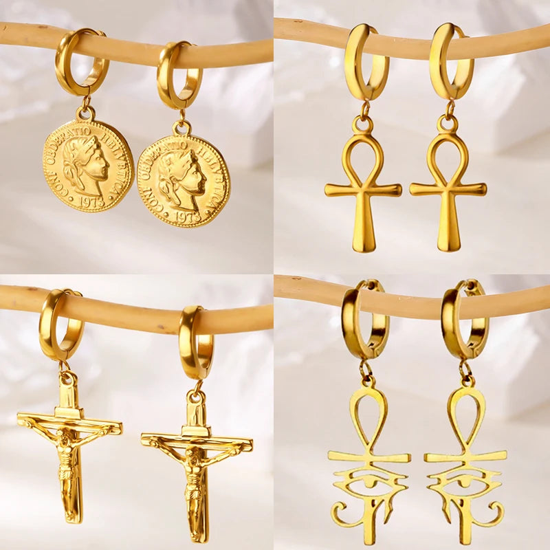 18K Gold Plated Portrait Coin Earrings for Women Men Stainless Steel Jesus Cross Dangle Huggie Earrings Waterproof Jewelry