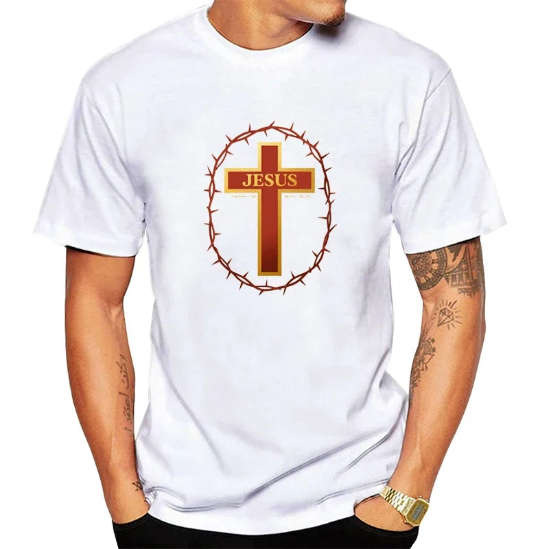 Funny Jesus Cross Print Men's Athletic Fit Short Sleeve T-Shirt, Cotton Crew Neck Top for Active Lifestyles, Gym to Casual Wear