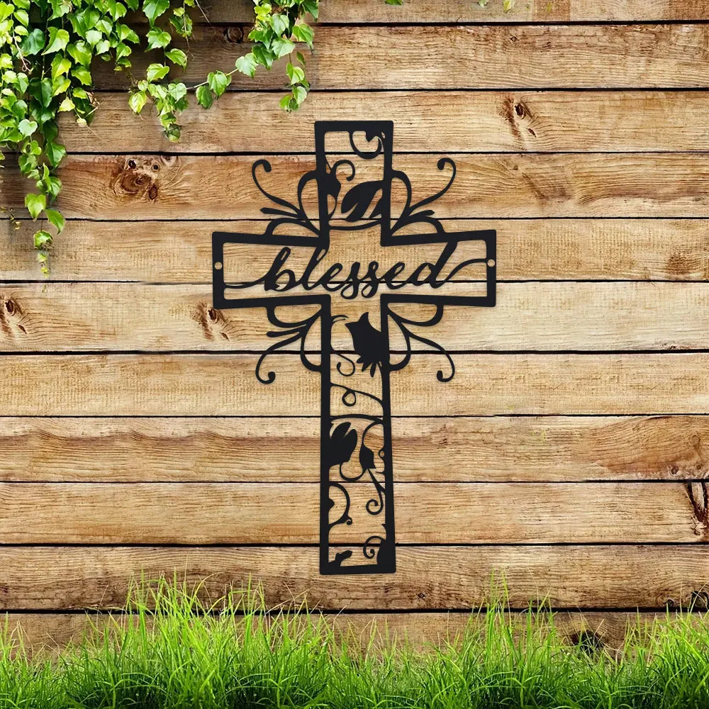 Blessed Metal Cross Wall Art - Home Decor, Love Theme, Ideal for Home, Office, Kitchen - Outdoor Wall Decor for Valentine'S Day