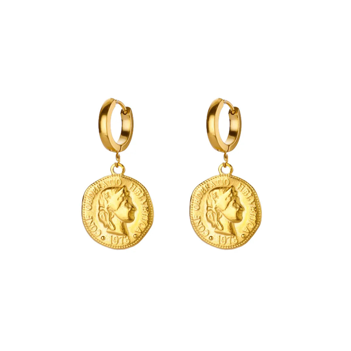 18K Gold Plated Portrait Coin Earrings for Women Men Stainless Steel Jesus Cross Dangle Huggie Earrings Waterproof Jewelry